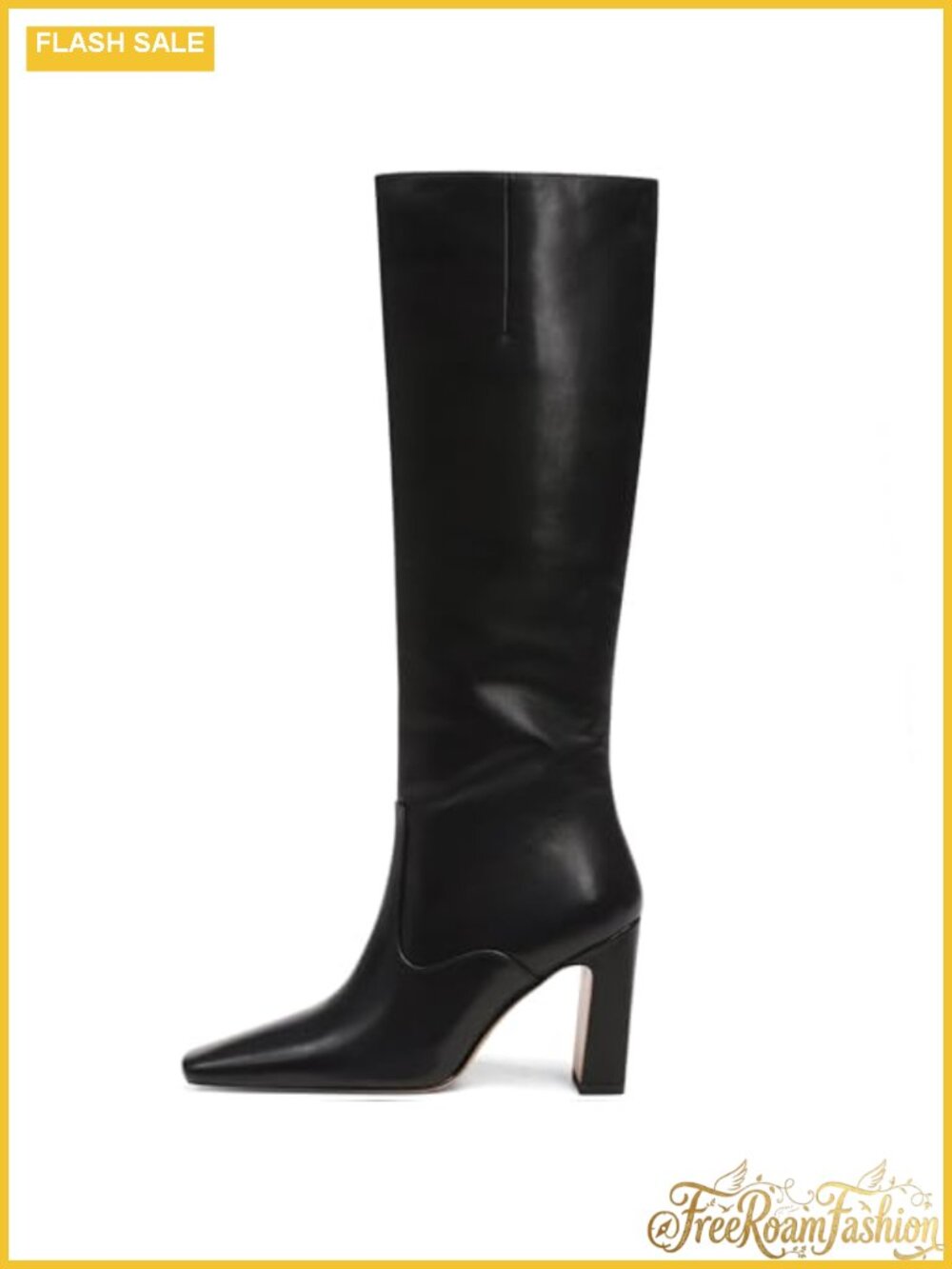 Women's Square Toe Chunky Block Heeled Knee High Boots Faux Leather